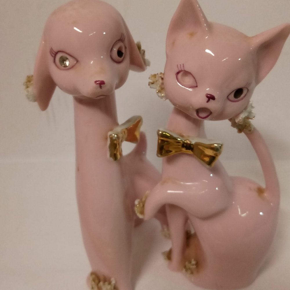 Antique Set Pink Thames Spaghetti Cat & Dog Porcelain Ceramic 6.25"